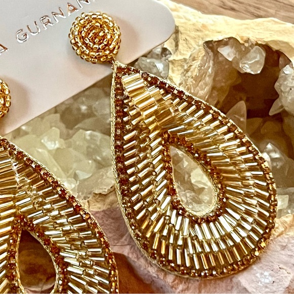 NWT Deepa Gurnani Beaded Gold Crystal Hoop Chandeliers - Picture 10 of 15